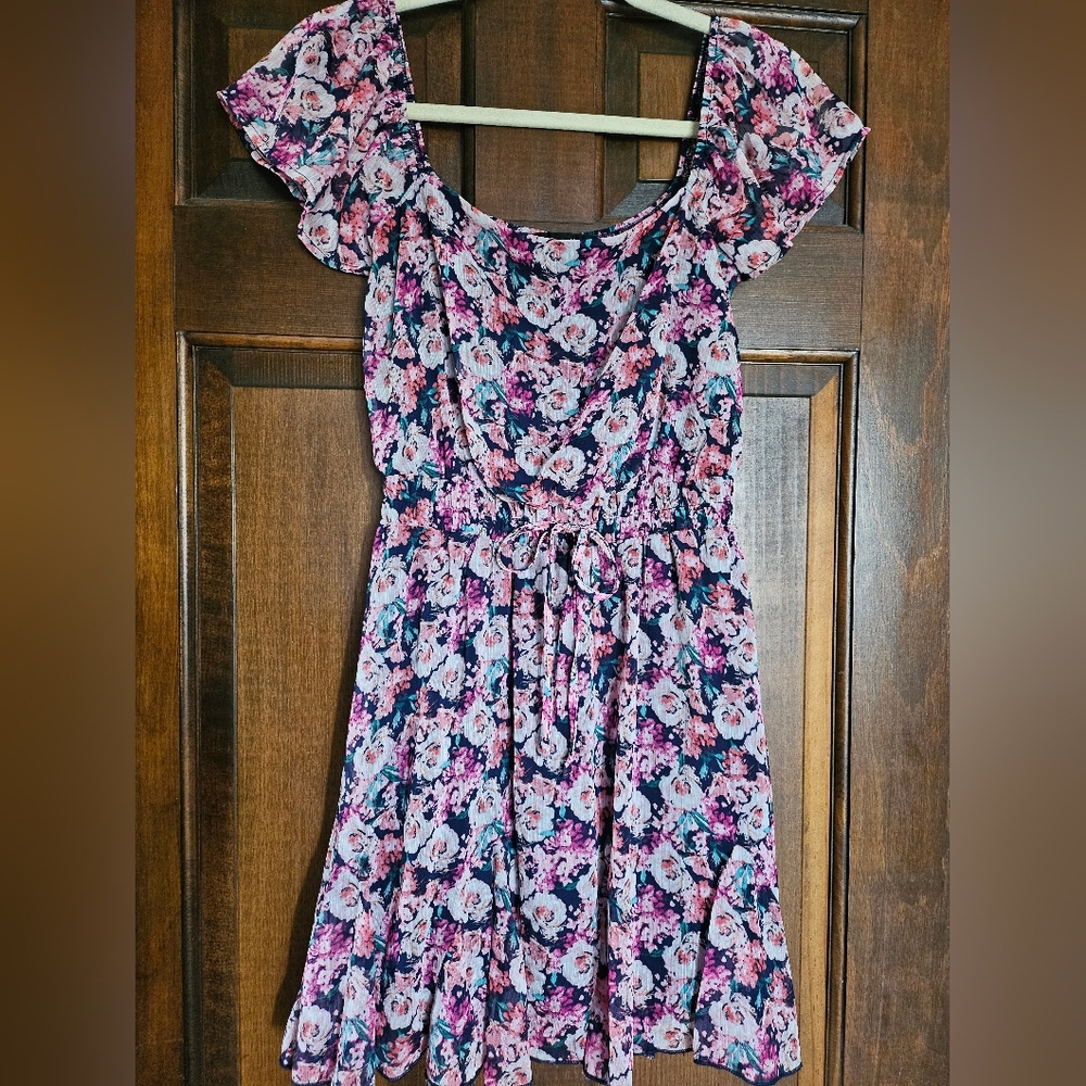 Trixxi Navy Floral Tie-Waist Sundress with Pink Accents